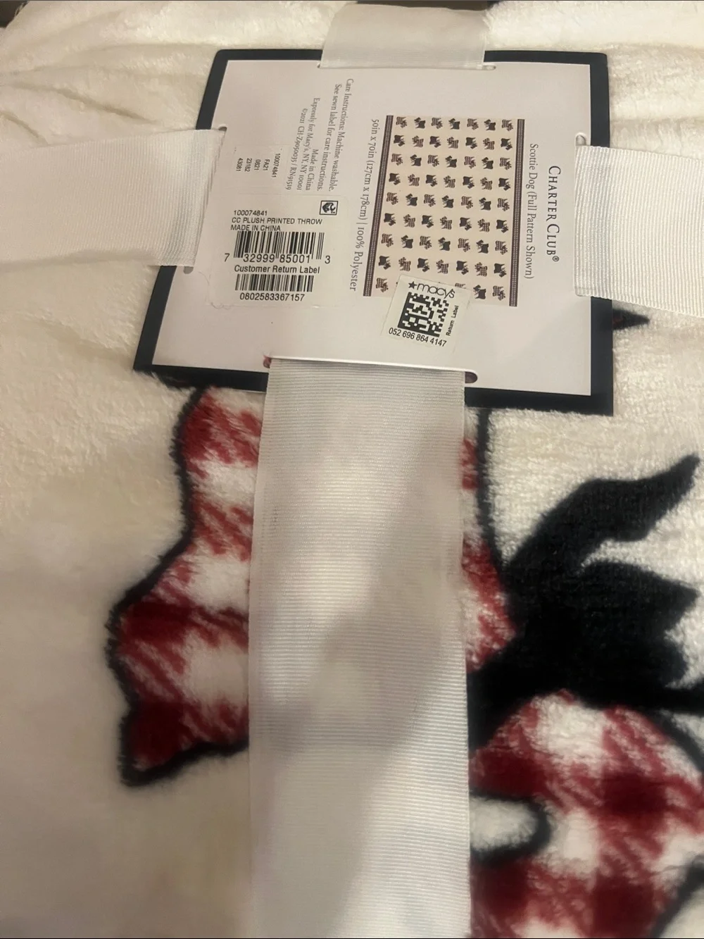 Charter Club Plush Throw Blanket in Cream Black & Red Accents